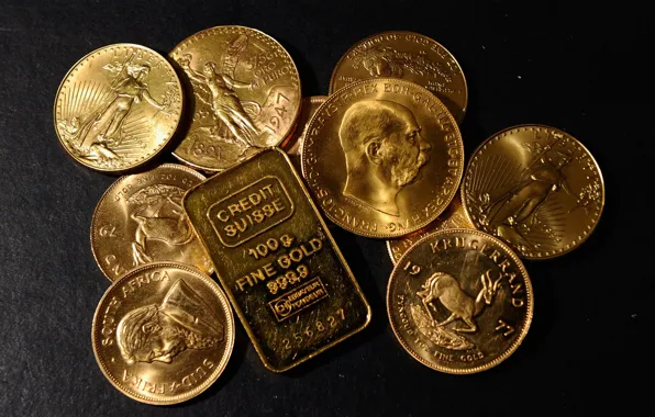 Картинка золото, деньги, монеты, слиток