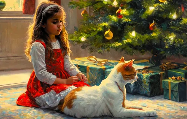 Кошка, праздник, ребенок, девочка, подарки, Новый год, ёлка, коробки