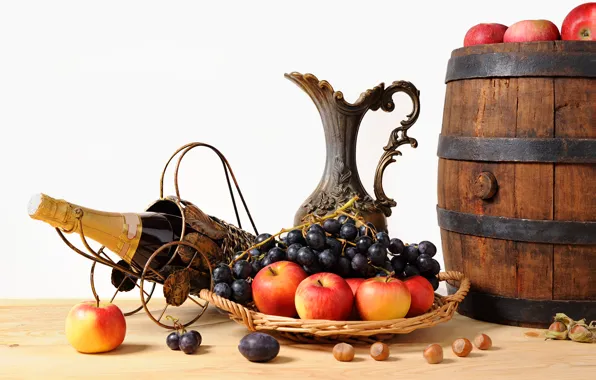 Картинка яблоки, виноград, кувшин, фрукты, орехи, шампанское, корзинка, бочонок