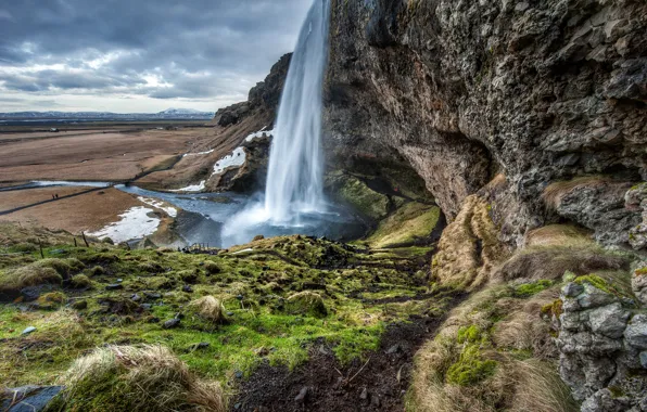 Небо, облака, горы, скалы, водопад