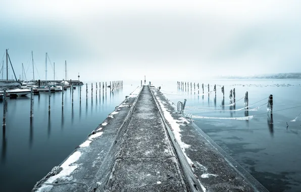 Картинка зима, туман, пристань