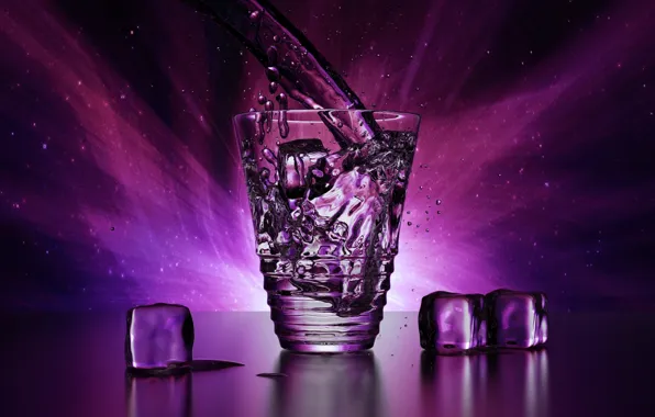 Лед, фиолетовый, вода, капли, свет, брызги, прозрачный, стакан