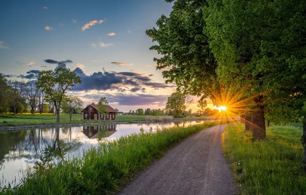 Дорога, облака, закат, природа, река, весна, Швеция, Ekholmen