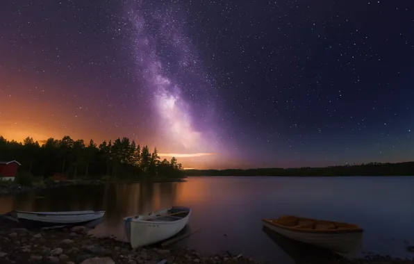 Ночь, озеро, звёзды, лодки, Норвегия, Three of a Kind