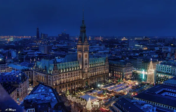 Картинка здания, Германия, площадь, ночной город, Гамбург, Germany, ратуша, Hamburg