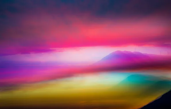 Картинка небо, облака, горы, абстракция, туман, цвет, зарево