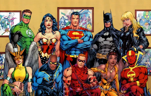 Картинка batman, superman, comics, heroes, green lantern, wonder woman, dc universe