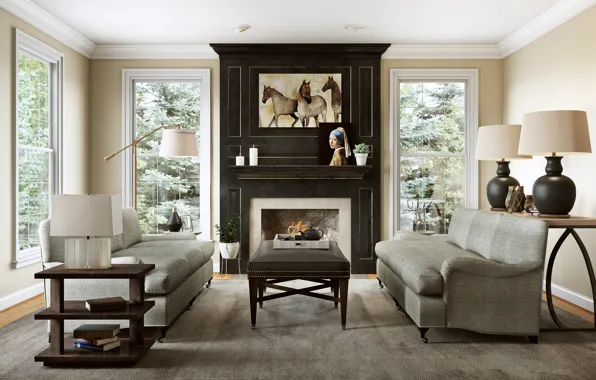 Картинка интерьер, камин, гостиная