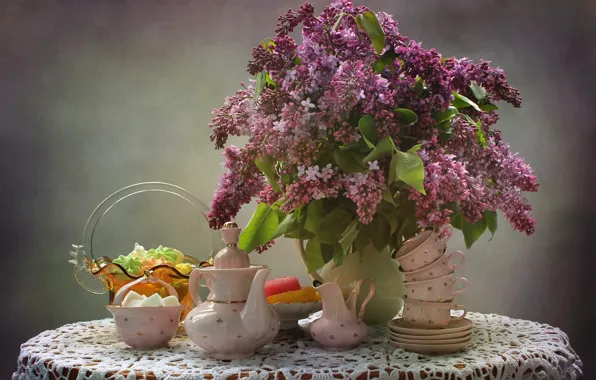 Картинка чашки, посуда, сахар, натюрморт, сирень, мармелад, зефир