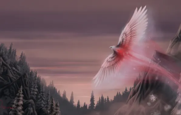 Картинка лес, птица, крылья, фэнтези, арт, fantasy, art, Oliverford, Snow phoenix, снежный феникс