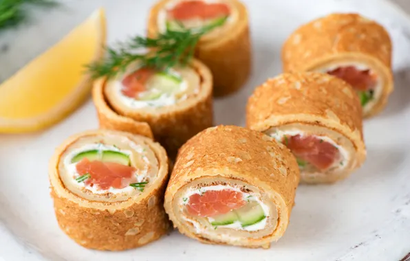 Макро, тарелка, суши, роллы, блинчики