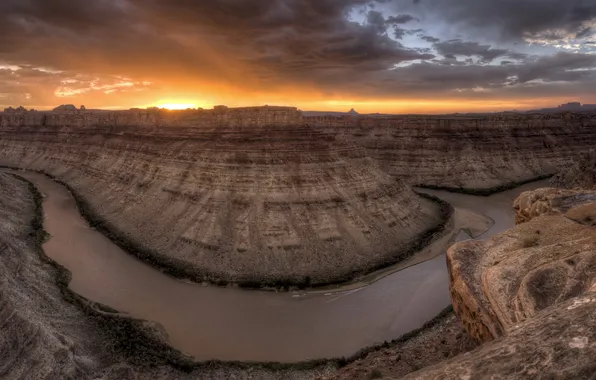 Пейзаж, закат, горы, река