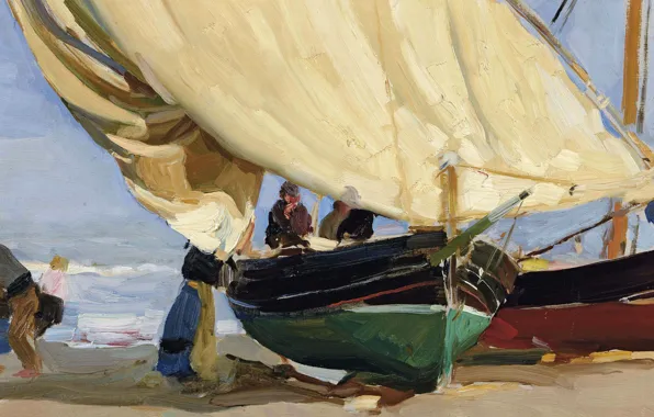 Картинка картина, парус, Хоакин Соролья, Рыбацкая Лодка на Отмели