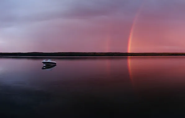 Озеро, лодка, Вечер, радуга