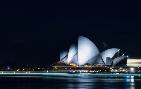 Ночь, Австралия, Сидней, гавань, оперный театр