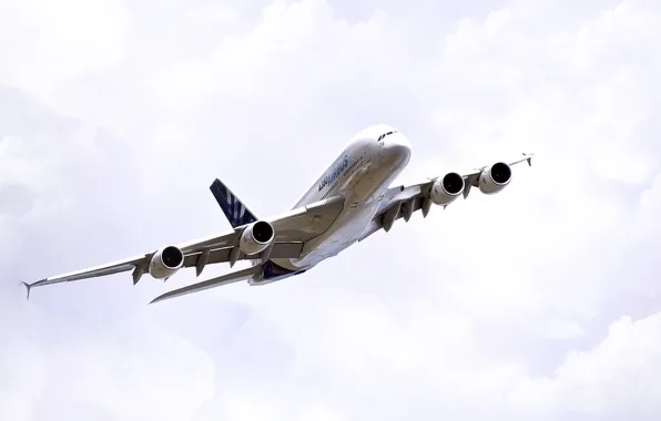 Небо, Белый, Самолет, Авиация, A380, Airbus, В воздухе, Летит