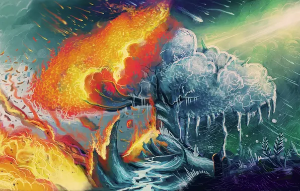 Картинка дерево, огонь, лёд, арт, контраст