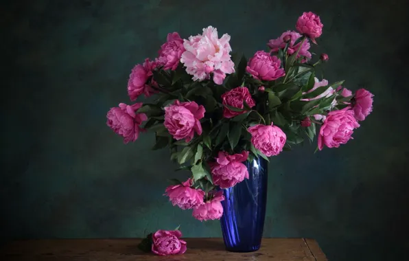 Цветы, букет, ваза, розовые, синяя, пионы