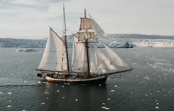 Парусник, льдины, водоём, Expedition to King Oscar fjord, eastern Greenland