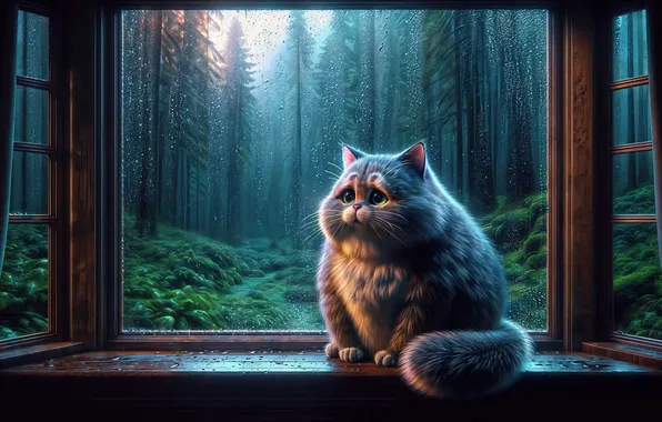 Грусть, лес, кот, дождь, окно