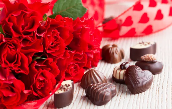 Картинка цветы, шоколад, розы, букет, конфеты, красные, десерт