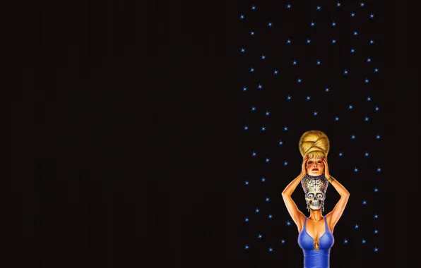 Картинка девушка, звезды, полосы, темный фон, череп, минимализм, голова, инопланетянин