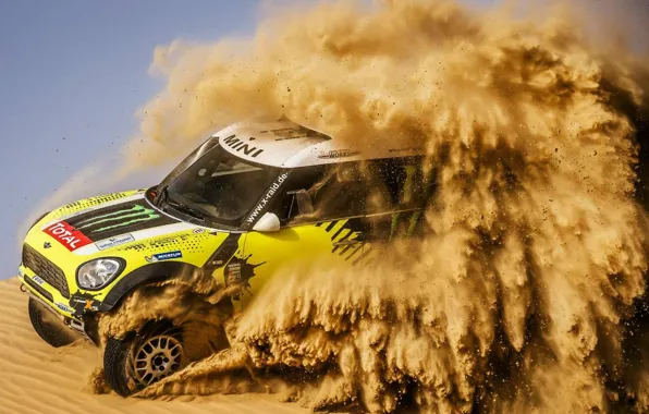 Жёлтый, пески, mini, dakar, countryman, x-raid, nani roma, rally-raid