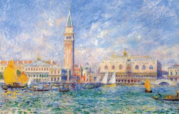 Дома, картина, Италия, канал, городской пейзаж, колокольня, Пьер Огюст Ренуар, Pierre Auguste Renoir