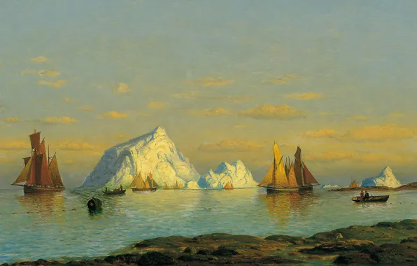 Картинка лодка, корабль, картина, айсберг, парус, морской пейзаж, Уильям Брэдфорд, Рыбаки на Побережье Лабрадора