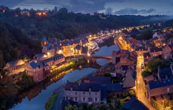 Картинка город, огни, река, Франция, вечер, France, Dinan