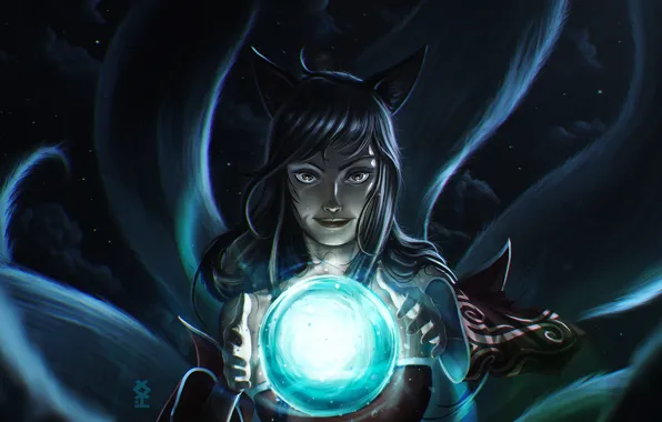 Девушка, лиса, lol, League of Legends, Ahri, Nine-Tailed Fox, orb