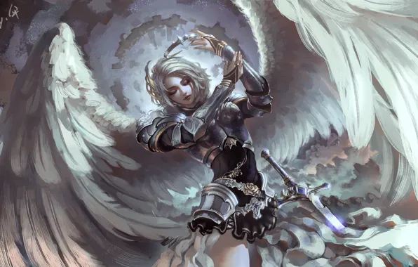 Картинка девушка, оружие, крылья, меч, доспехи, аниме, воин, арт