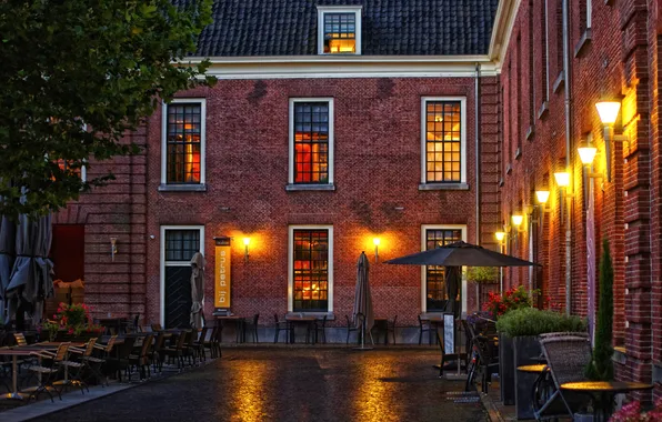 Картинка фото, Дома, Ночь, Город, Фонари, Нидерланды, Woerden