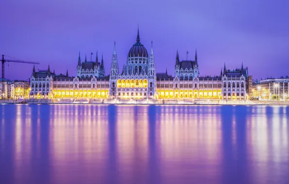 Картинка река, вечер, архитектура, иллюминация, Будапешт, Budapest, здание парламента