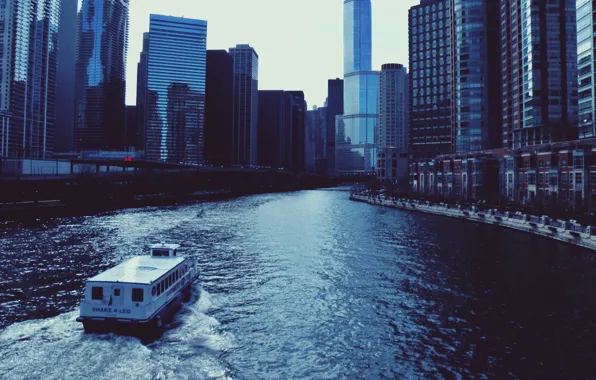 Картинка река, небоскребы, пароход, USA, чикаго, Chicago, высотки, center