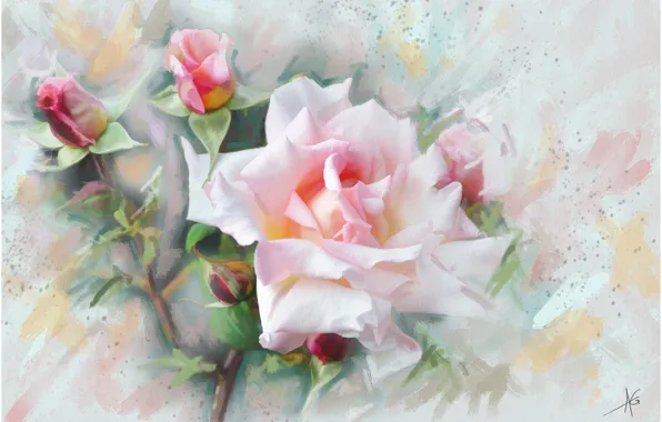 Картинка цветок, цветы, розовая, графика, Роза, живопись, нежно, пастельные тона