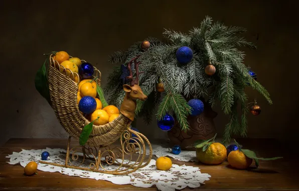 Шарики, шары, Рождество, Новый год, натюрморт, сани, мандарины, еловые ветки