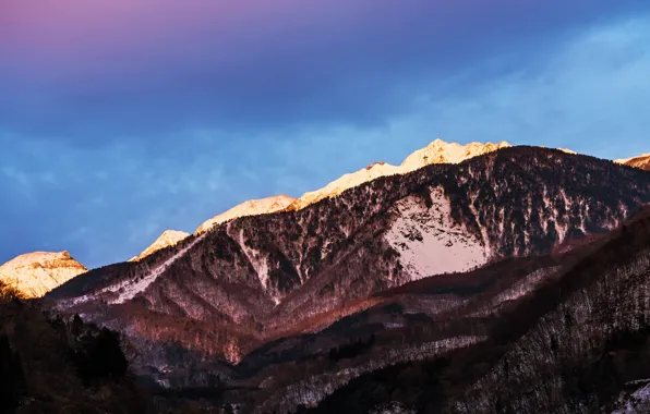 Картинка небо, снег, горы, голубое, Япония, сиреневое, префектура Нагано