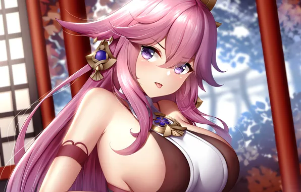 Girl, sexy, cleavage, blouse, pink hair, long hair, boobs, anime
