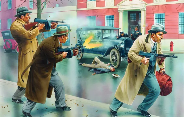 Картинка арт, Чикаго, художник, гангстеры, Peter Dennis., submachine gun, стрельба пистолет-пулемет Tommy gun, перестрелка с полицией