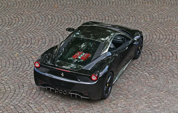 Двигатель, чёрный, брусчатка, ferrari, феррари, black, вид сверху, италия