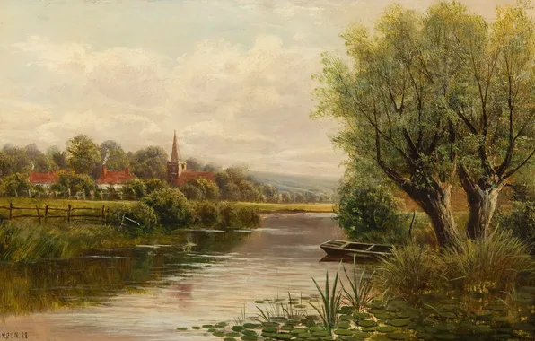 Небо, деревья, пейзаж, река, лодка, дома, картина, John Atkinson