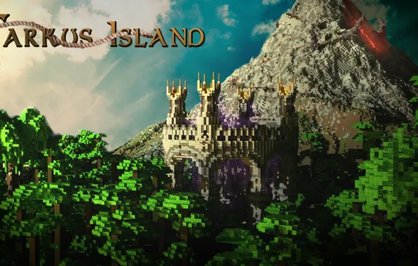 Лес, небо, облака, замок, гора, вулкан, лава, Minecraft