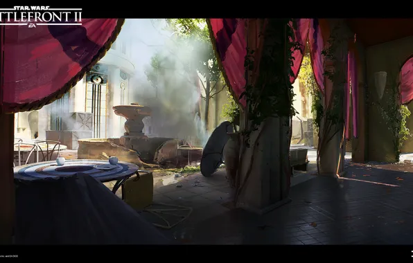 Колонны, фонтан, помещение, Star Wars Battlefront II, Theed City