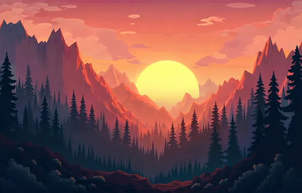 Закат, Солнце, Дизайн, Горы, Лес, Art, Design, Sunset