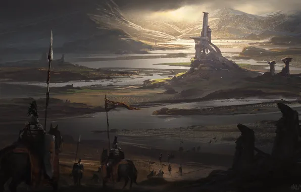 Замок, Рыцари, Fantasy, Пейзаж, Рыцарь, Войны, Concept Art, Environments