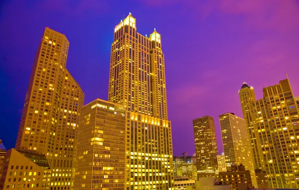 Ночь, небоскребы, Чикаго, США, ночной город