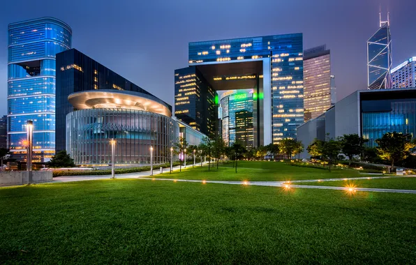 Трава, ночь, огни, Гонконг, Китай, фонарный столб, Tamar Park, Legislative Council Complex