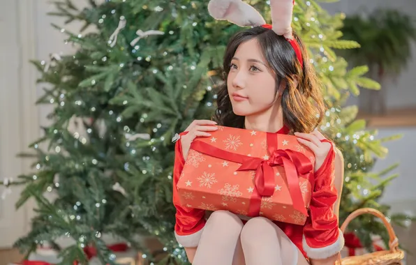 Beautiful, Christmas, Asian, Model, Tree, Smile, Woman, Festival
