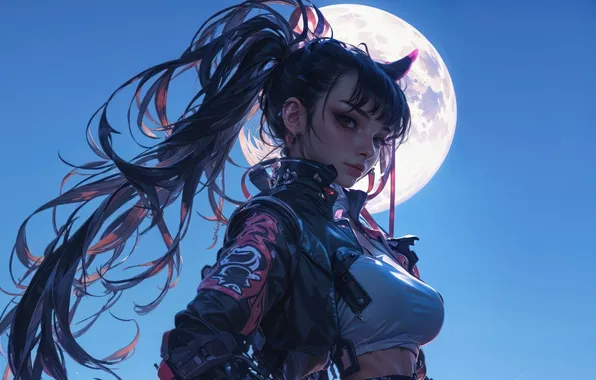 Girl, Moon, Cyberpunk, Anime Girl, AI Art, AI Generated